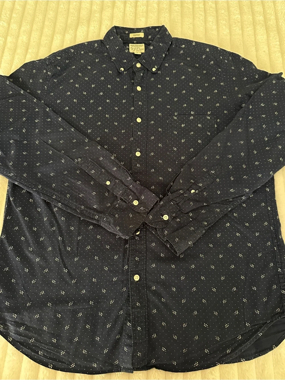 J. Crew Navy Men’s Cotton Button-Down with Small White Leaf & Dot Print